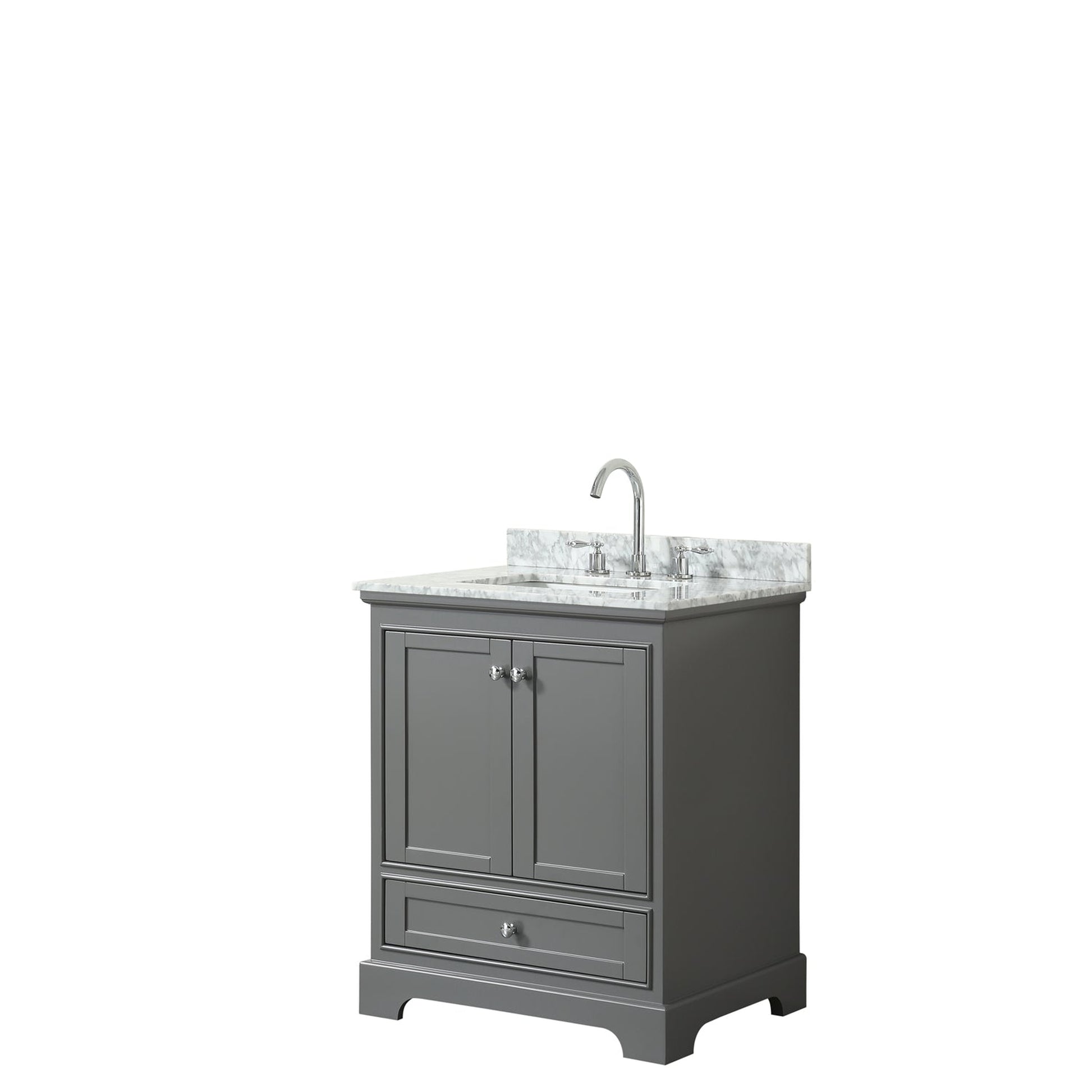 Wyndham Collection Deborah 30" Single Bathroom Vanity in Dark Gray, White Carrara Marble Countertop, Undermount Square Sink, and No Mirror