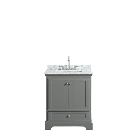 Wyndham Collection Deborah 30" Single Bathroom Vanity in Dark Gray, White Carrara Marble Countertop, Undermount Square Sink, and No Mirror