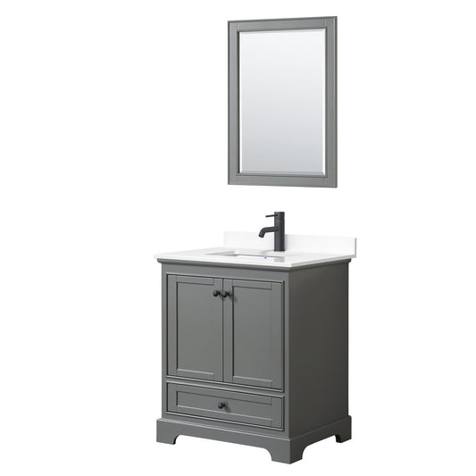 Wyndham Collection Deborah 30" Single Bathroom Vanity in Dark Gray, White Cultured Marble Countertop, Undermount Square Sink, Matte Black Trim, 24" Mirror
