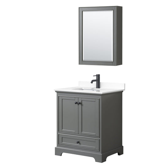 Wyndham Collection Deborah 30" Single Bathroom Vanity in Dark Gray, White Cultured Marble Countertop, Undermount Square Sink, Matte Black Trim, Medicine Cabinet