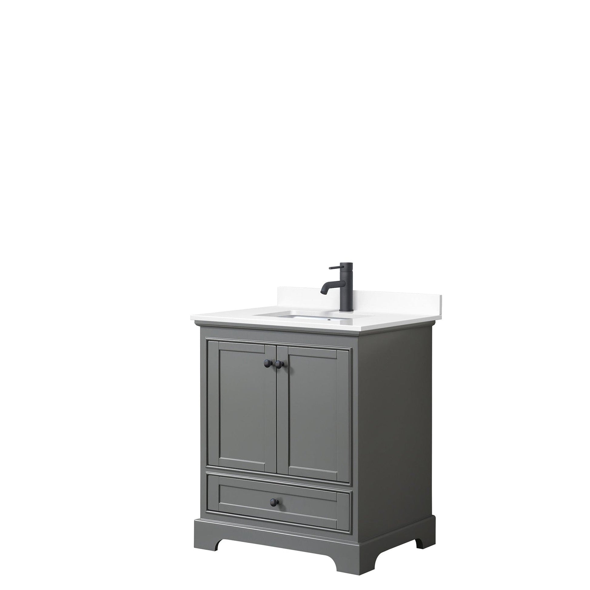 Wyndham Collection Deborah 30" Single Bathroom Vanity in Dark Gray, White Cultured Marble Countertop, Undermount Square Sink, Matte Black Trim