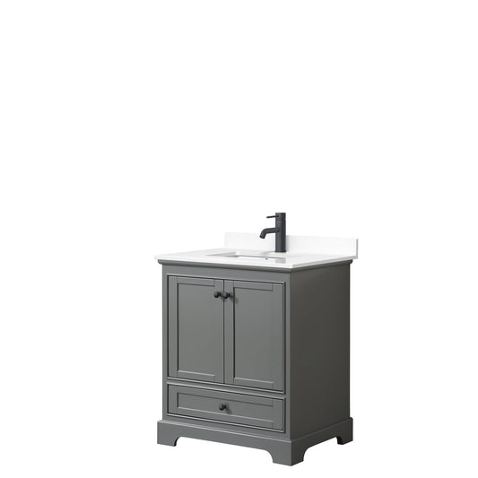Wyndham Collection Deborah 30" Single Bathroom Vanity in Dark Gray, White Cultured Marble Countertop, Undermount Square Sink, Matte Black Trim