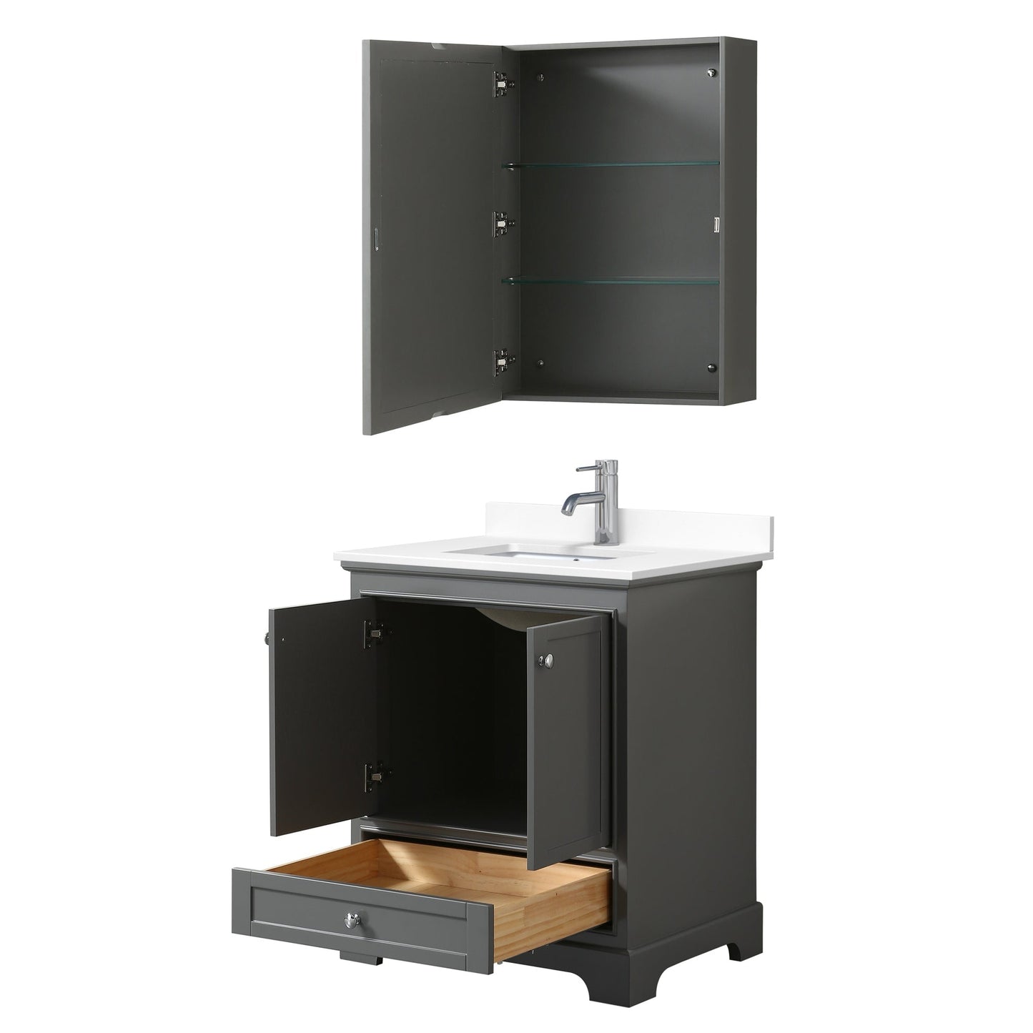Wyndham Collection Deborah 30" Single Bathroom Vanity in Dark Gray, White Cultured Marble Countertop, Undermount Square Sink, Medicine Cabinet