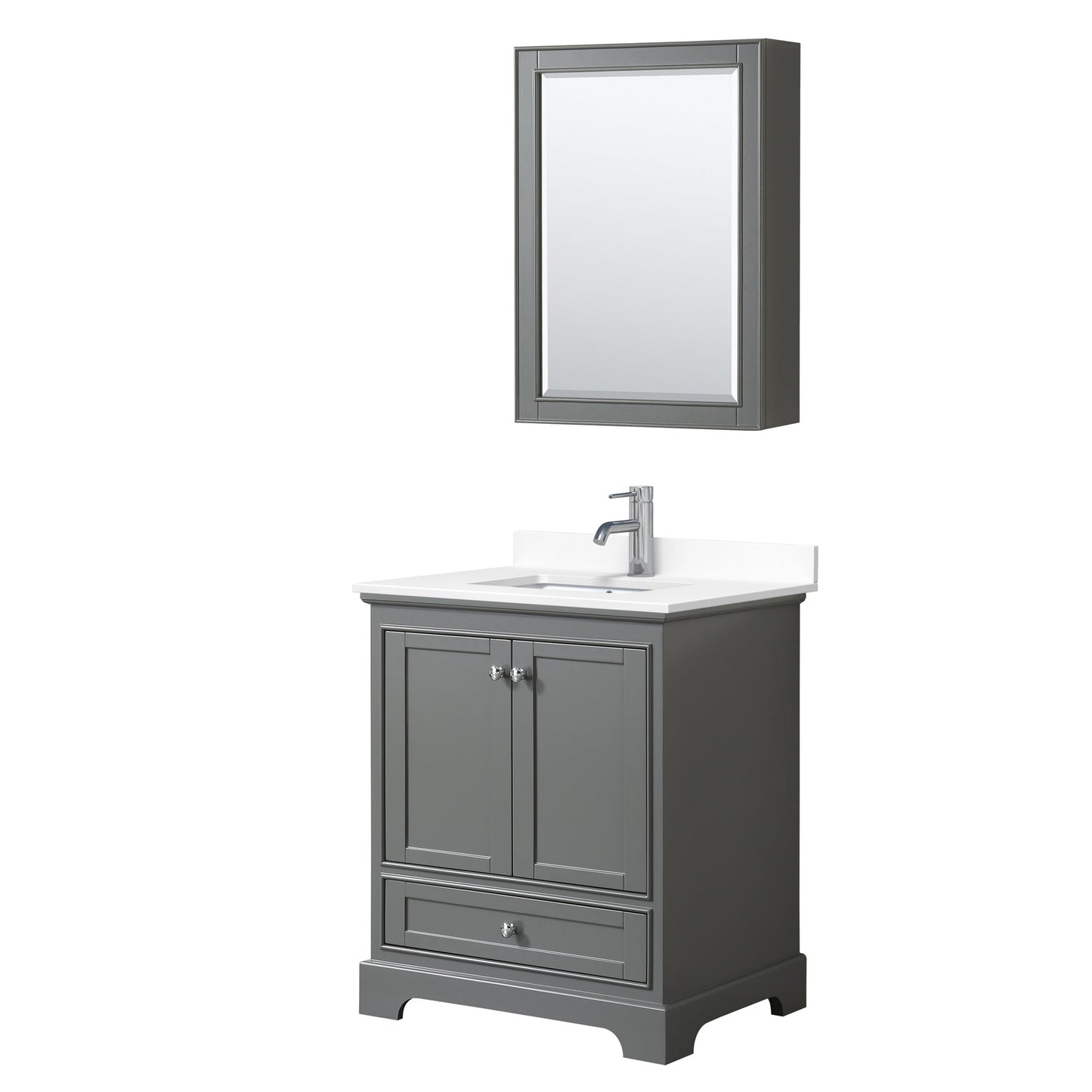 Wyndham Collection Deborah 30" Single Bathroom Vanity in Dark Gray, White Cultured Marble Countertop, Undermount Square Sink, Medicine Cabinet