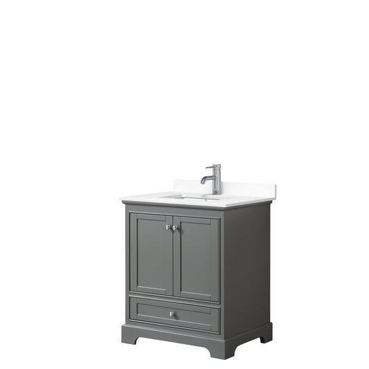 Wyndham Collection Deborah 30" Single Bathroom Vanity in Dark Gray, White Cultured Marble Countertop, Undermount Square Sink, No Mirror
