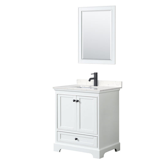 Wyndham Collection Deborah 30" Single Bathroom Vanity in White, Carrara Cultured Marble Countertop, Undermount Square Sink, Matte Black Trim, 24" Mirror