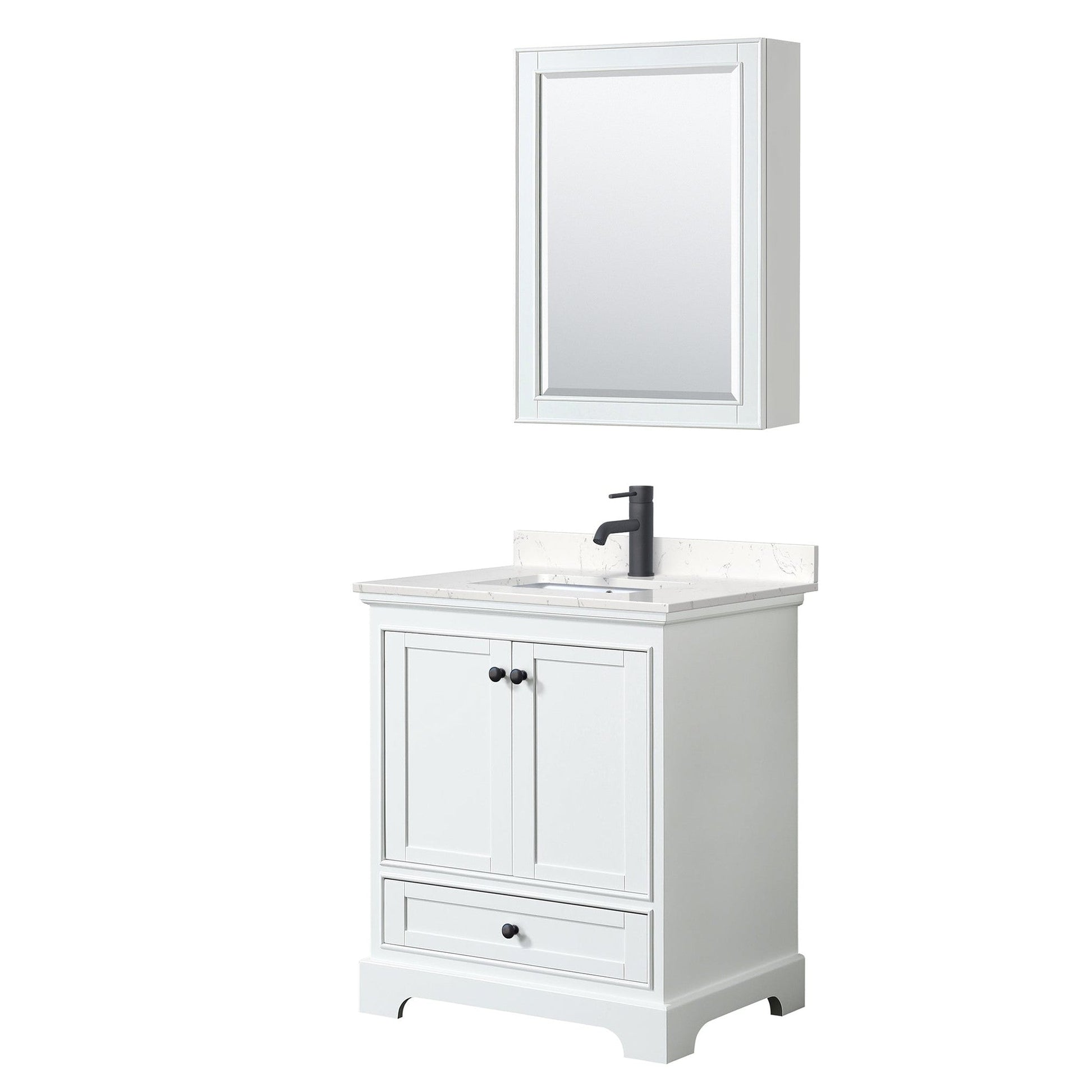 Wyndham Collection Deborah 30" Single Bathroom Vanity in White, Carrara Cultured Marble Countertop, Undermount Square Sink, Matte Black Trim, Medicine Cabinet