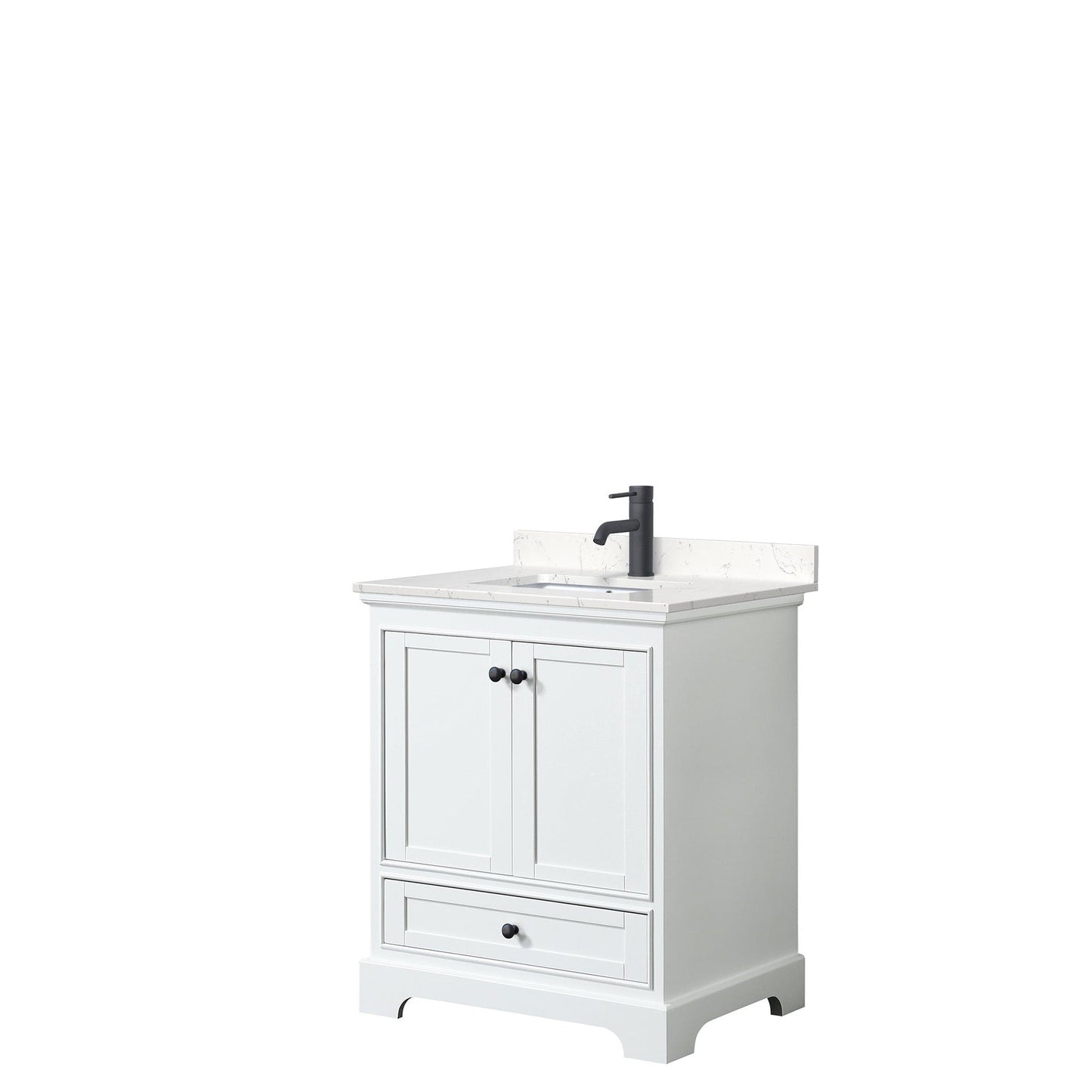 Wyndham Collection Deborah 30" Single Bathroom Vanity in White, Carrara Cultured Marble Countertop, Undermount Square Sink, Matte Black Trim