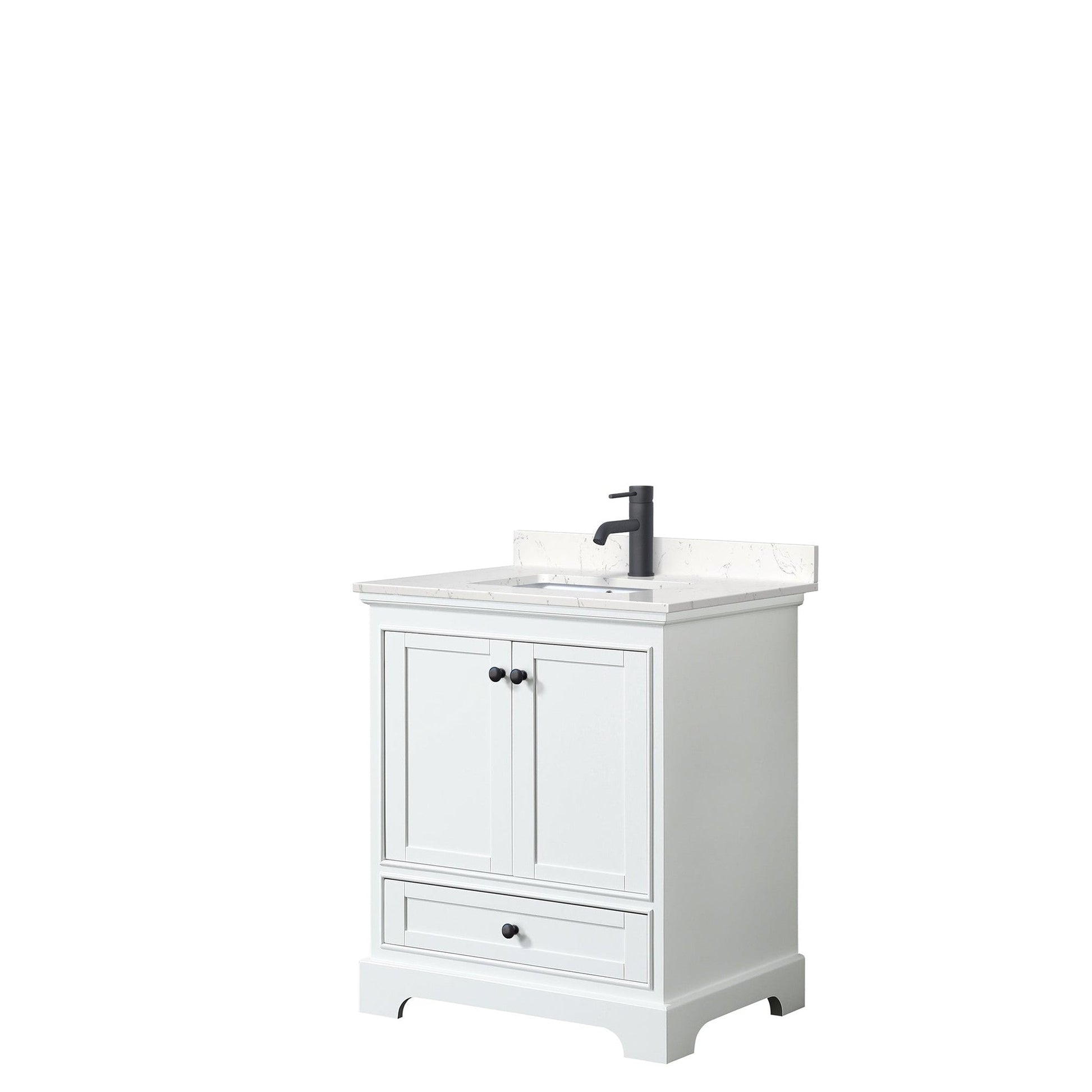 Wyndham Collection Deborah 30" Single Bathroom Vanity in White, Carrara Cultured Marble Countertop, Undermount Square Sink, Matte Black Trim