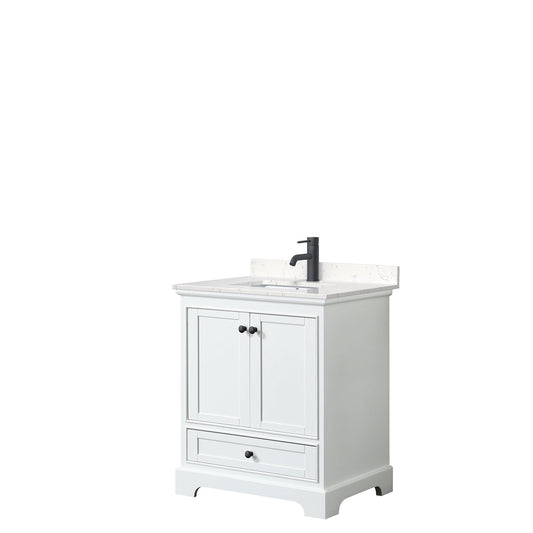 Wyndham Collection Deborah 30" Single Bathroom Vanity in White, Carrara Cultured Marble Countertop, Undermount Square Sink, Matte Black Trim