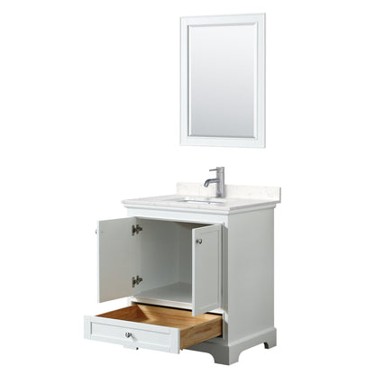 Wyndham Collection Deborah 30" Single Bathroom Vanity in White, Light-Vein Carrara Cultured Marble Countertop, Undermount Square Sink, 24" Mirror