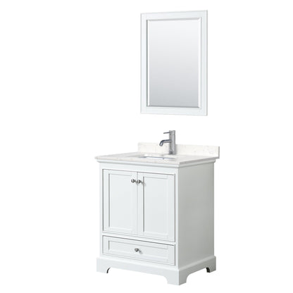 Wyndham Collection Deborah 30" Single Bathroom Vanity in White, Light-Vein Carrara Cultured Marble Countertop, Undermount Square Sink, 24" Mirror