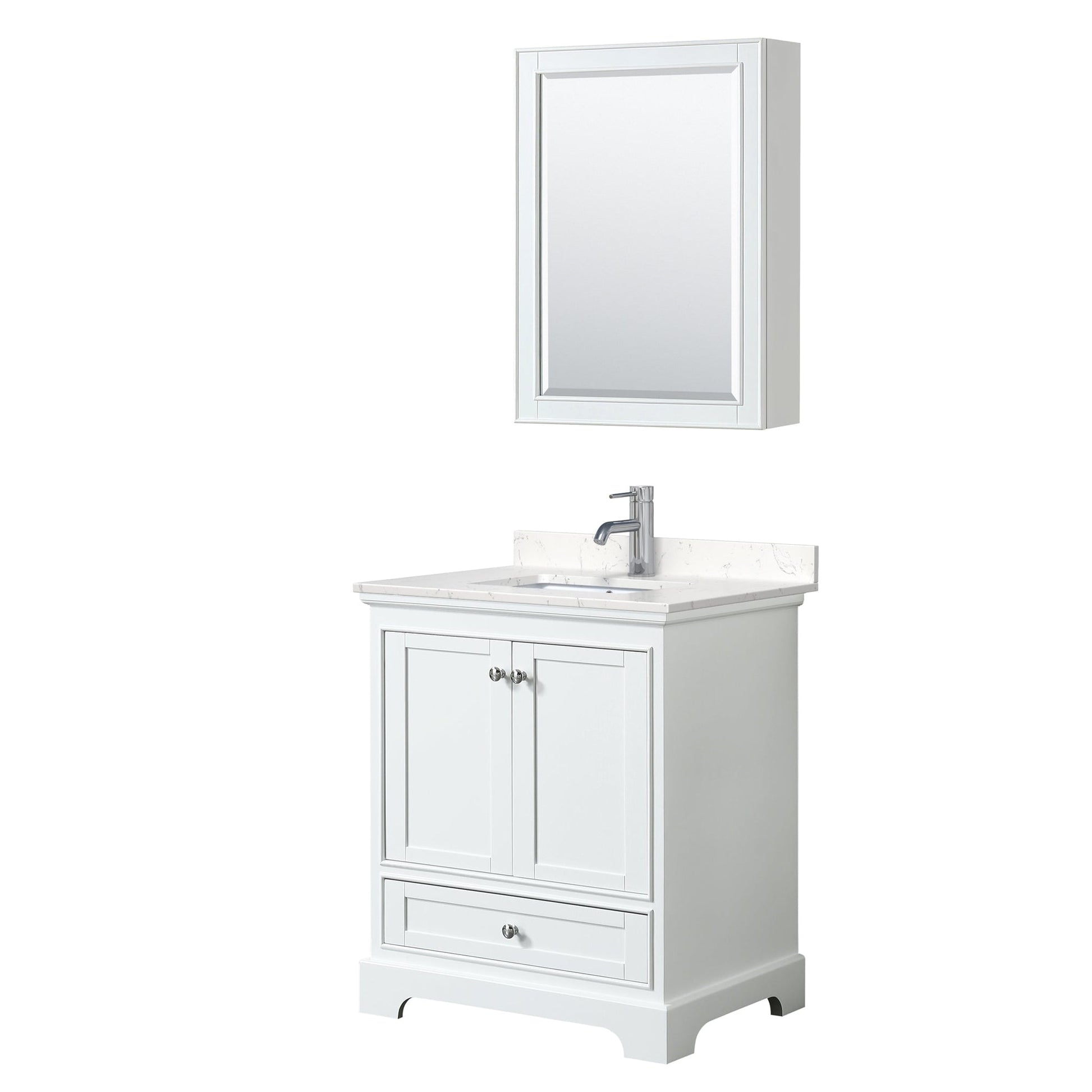 Wyndham Collection Deborah 30" Single Bathroom Vanity in White, Light-Vein Carrara Cultured Marble Countertop, Undermount Square Sink, Medicine Cabinet