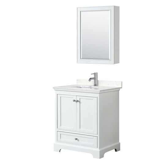 Wyndham Collection Deborah 30" Single Bathroom Vanity in White, Light-Vein Carrara Cultured Marble Countertop, Undermount Square Sink, Medicine Cabinet