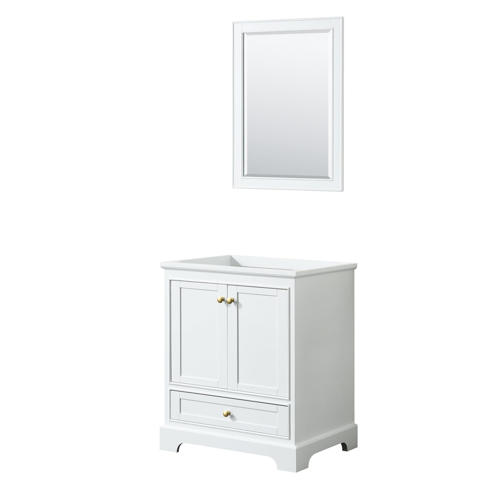 Wyndham Collection Deborah 30" Single Bathroom Vanity in White, No Countertop, No Sink, Brushed Gold Trim, 24" Mirror