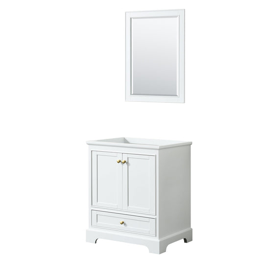 Wyndham Collection Deborah 30" Single Bathroom Vanity in White, No Countertop, No Sink, Brushed Gold Trim, 24" Mirror