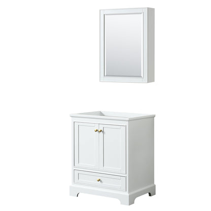 Wyndham Collection Deborah 30" Single Bathroom Vanity in White, No Countertop, No Sink, Brushed Gold Trim, Medicine Cabinet