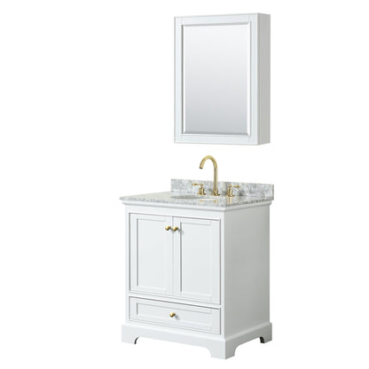 Wyndham Collection Deborah 30" Single Bathroom Vanity in White, White Carrara Marble Countertop, Undermount Oval Sink, Brushed Gold Trim, Medicine Cabinet