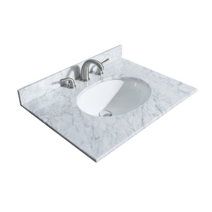 Wyndham Collection Deborah 30" Single Bathroom Vanity in White, White Carrara Marble Countertop, Undermount Oval Sink, Brushed Gold Trim, No Mirror