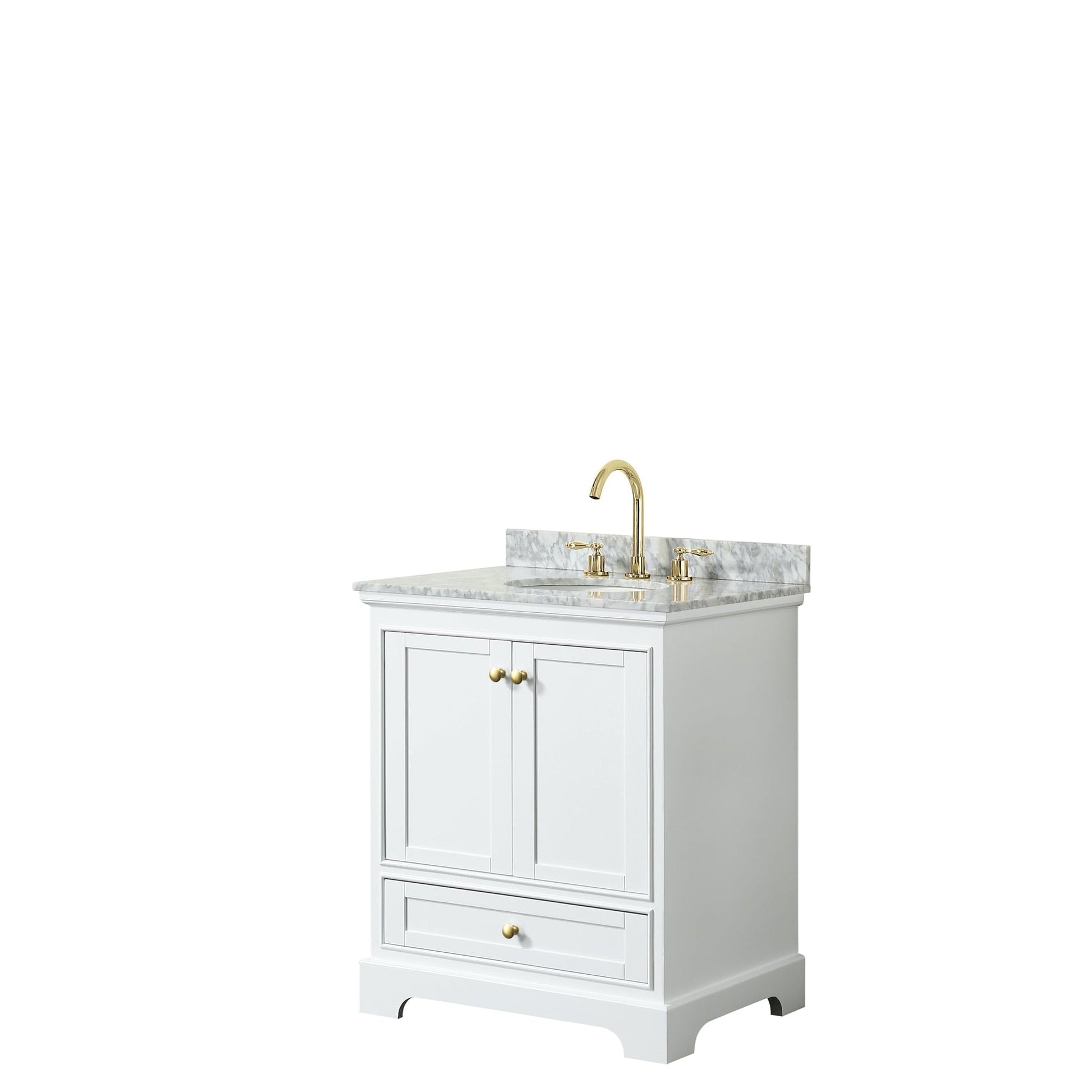 Wyndham Collection Deborah 30" Single Bathroom Vanity in White, White Carrara Marble Countertop, Undermount Oval Sink, Brushed Gold Trim, No Mirror