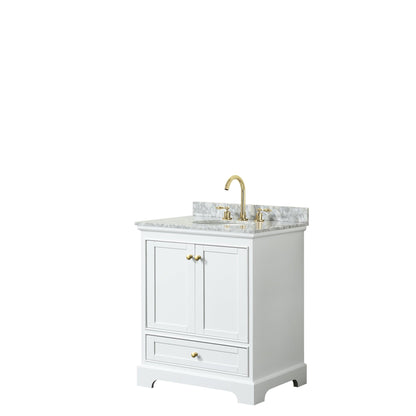 Wyndham Collection Deborah 30" Single Bathroom Vanity in White, White Carrara Marble Countertop, Undermount Oval Sink, Brushed Gold Trim, No Mirror