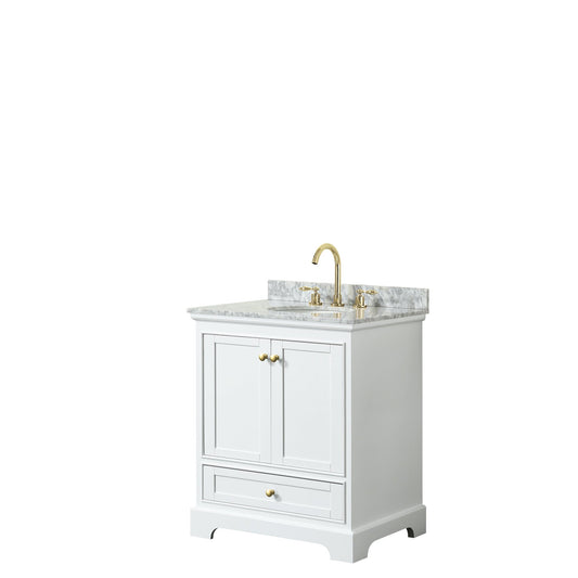 Wyndham Collection Deborah 30" Single Bathroom Vanity in White, White Carrara Marble Countertop, Undermount Oval Sink, Brushed Gold Trim, No Mirror