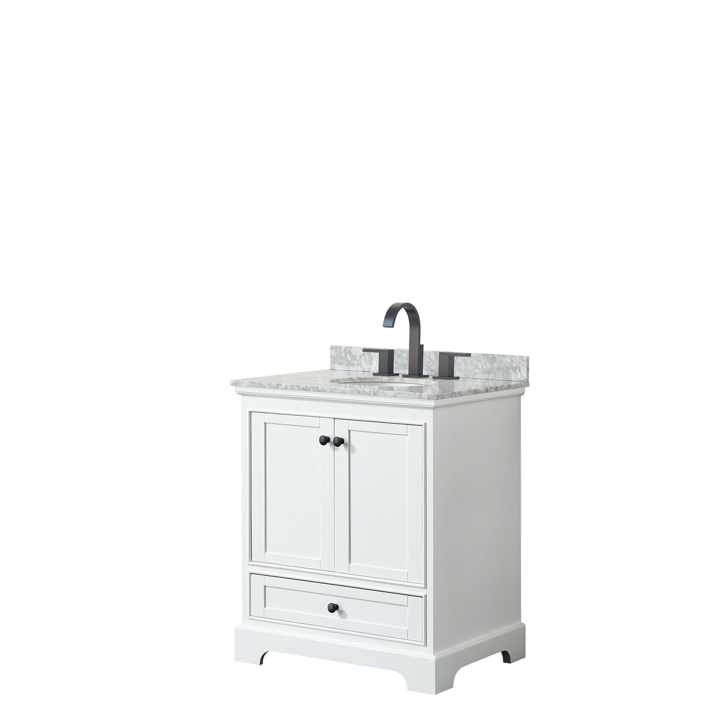 Wyndham Collection Deborah 30" Single Bathroom Vanity in White, White Carrara Marble Countertop, Undermount Oval Sink, Matte Black Trim
