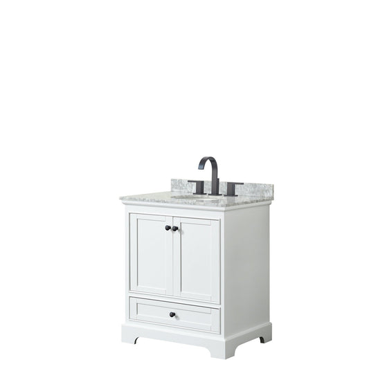 Wyndham Collection Deborah 30" Single Bathroom Vanity in White, White Carrara Marble Countertop, Undermount Oval Sink, Matte Black Trim