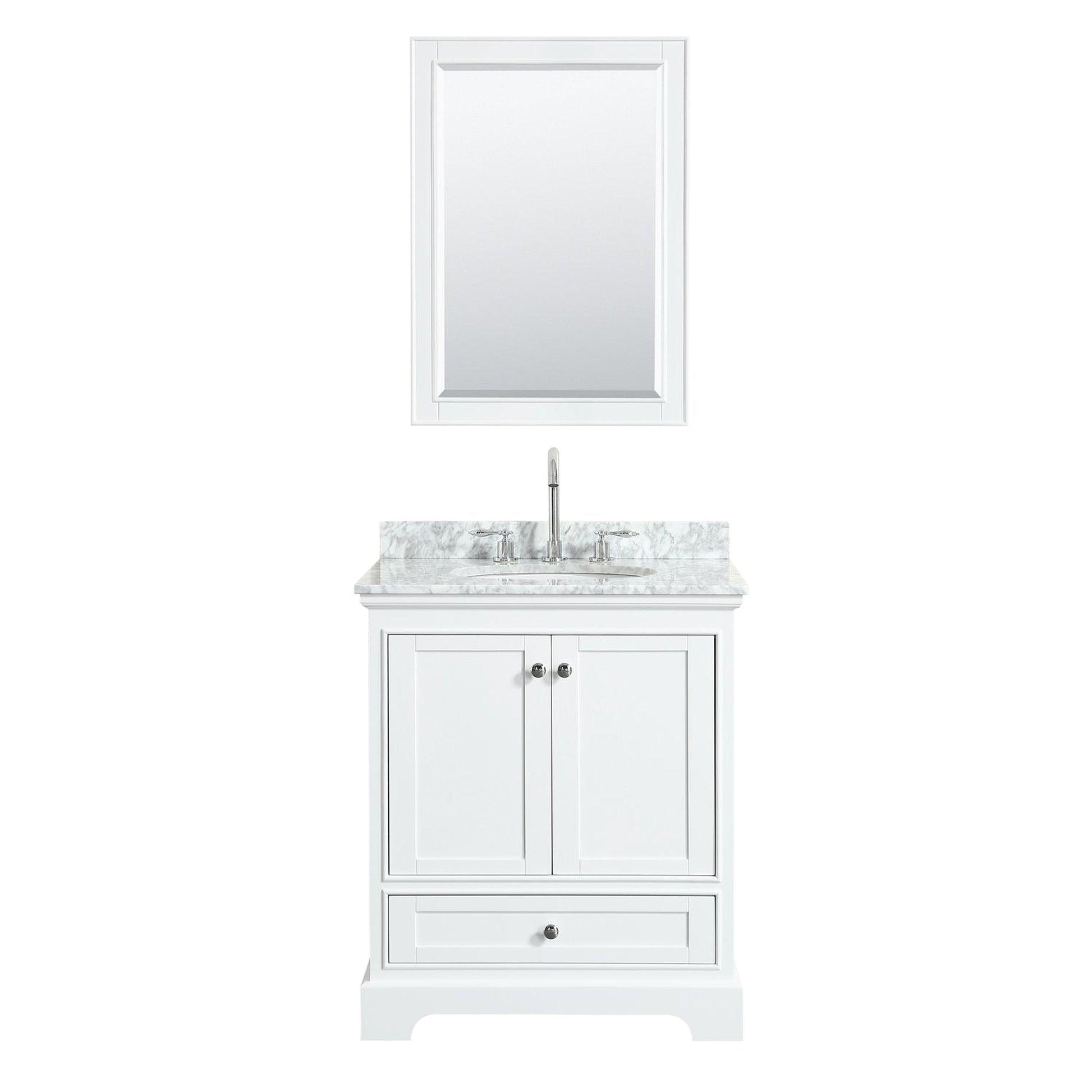 Wyndham Collection Deborah 30" Single Bathroom Vanity in White, White Carrara Marble Countertop, Undermount Oval Sink, and 24" Mirror