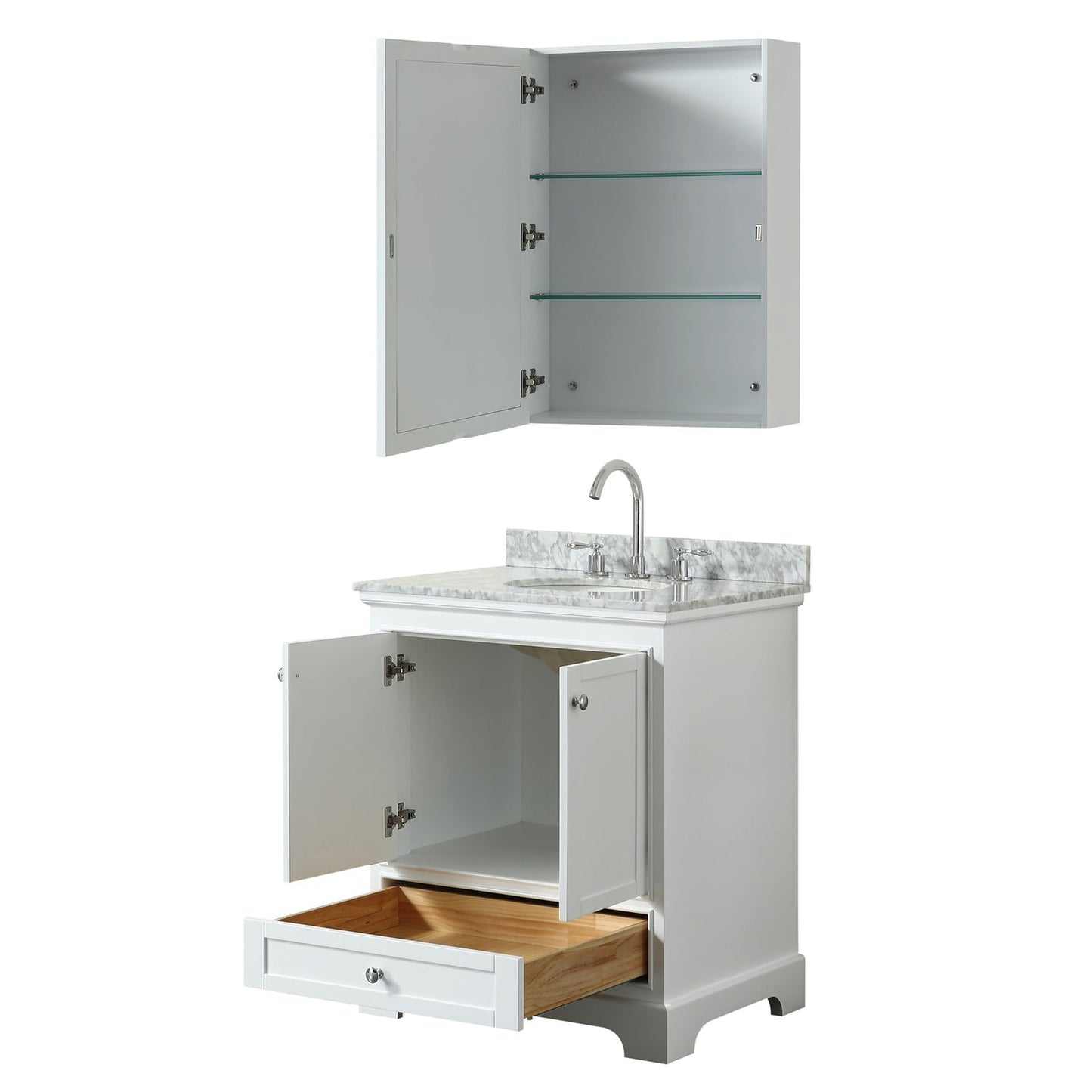 Wyndham Collection Deborah 30" Single Bathroom Vanity in White, White Carrara Marble Countertop, Undermount Oval Sink, and Medicine Cabinet