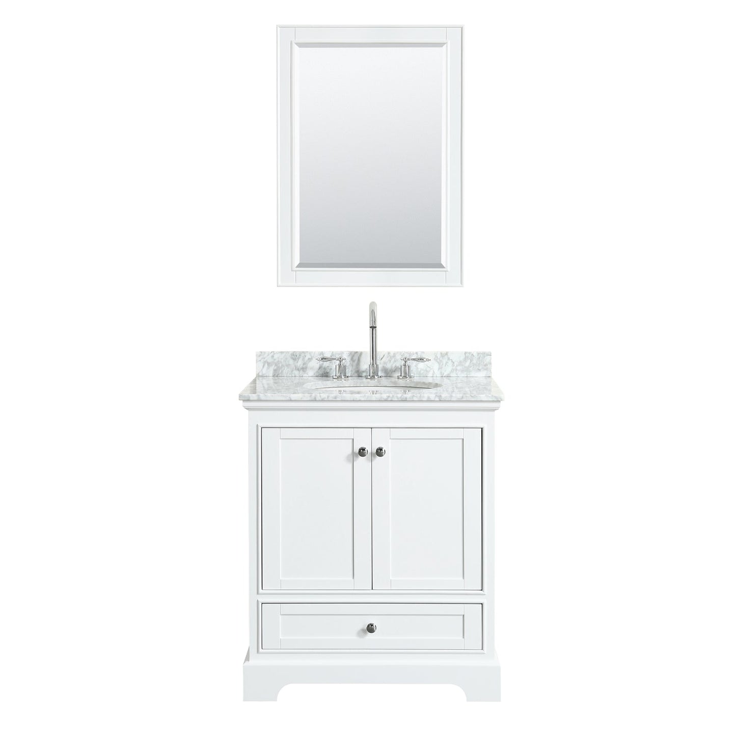 Wyndham Collection Deborah 30" Single Bathroom Vanity in White, White Carrara Marble Countertop, Undermount Oval Sink, and Medicine Cabinet