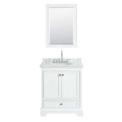 Wyndham Collection Deborah 30" Single Bathroom Vanity in White, White Carrara Marble Countertop, Undermount Oval Sink, and Medicine Cabinet