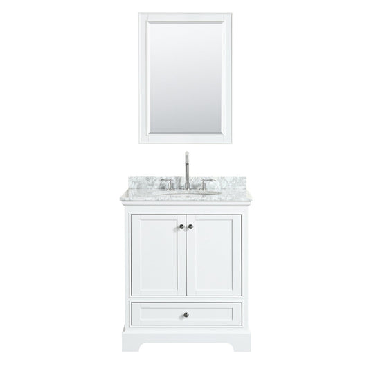 Wyndham Collection Deborah 30" Single Bathroom Vanity in White, White Carrara Marble Countertop, Undermount Oval Sink, and Medicine Cabinet