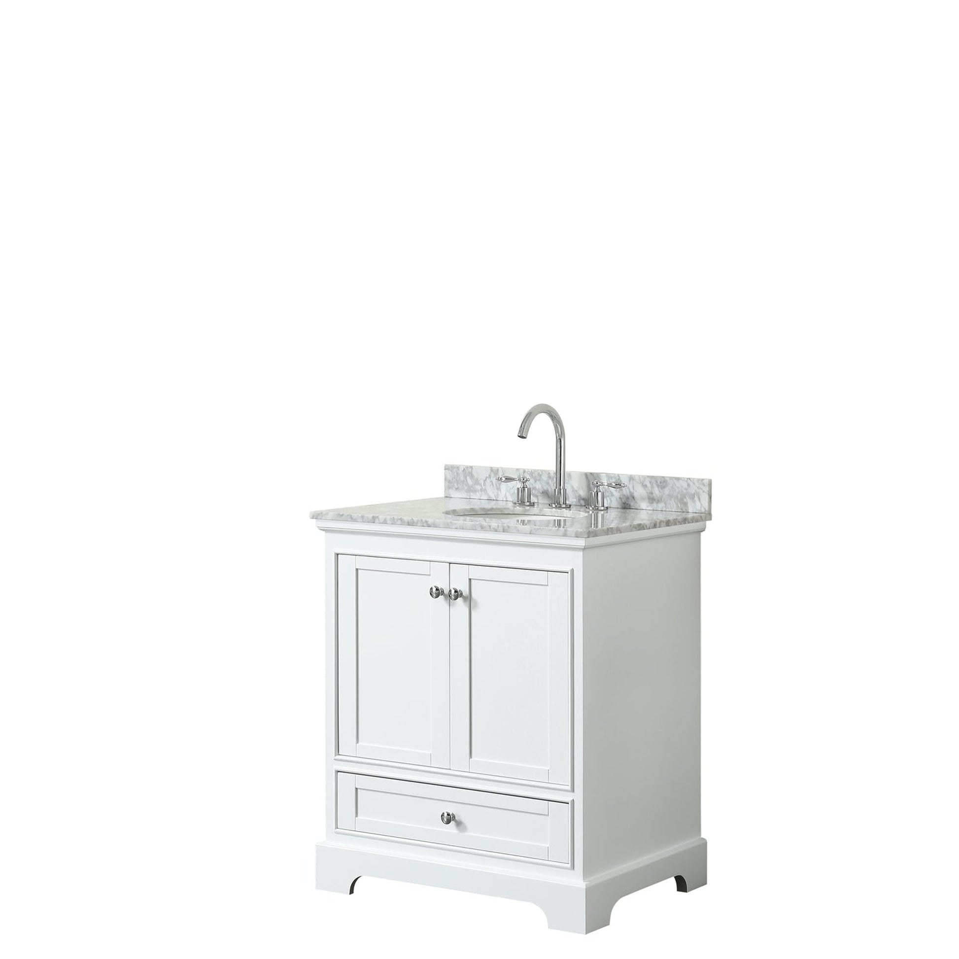 Wyndham Collection Deborah 30" Single Bathroom Vanity in White, White Carrara Marble Countertop, Undermount Oval Sink, and No Mirror