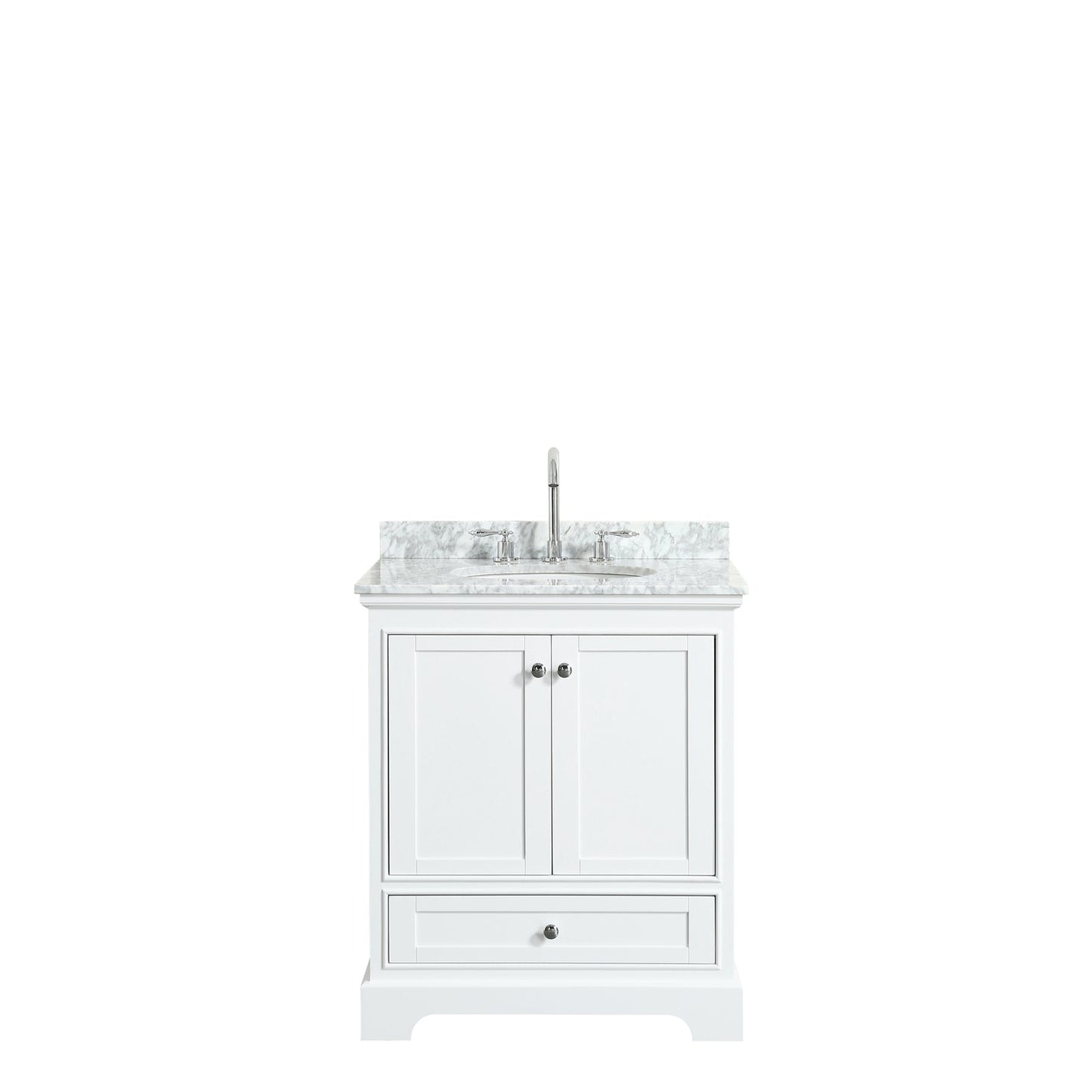 Wyndham Collection Deborah 30" Single Bathroom Vanity in White, White Carrara Marble Countertop, Undermount Oval Sink, and No Mirror