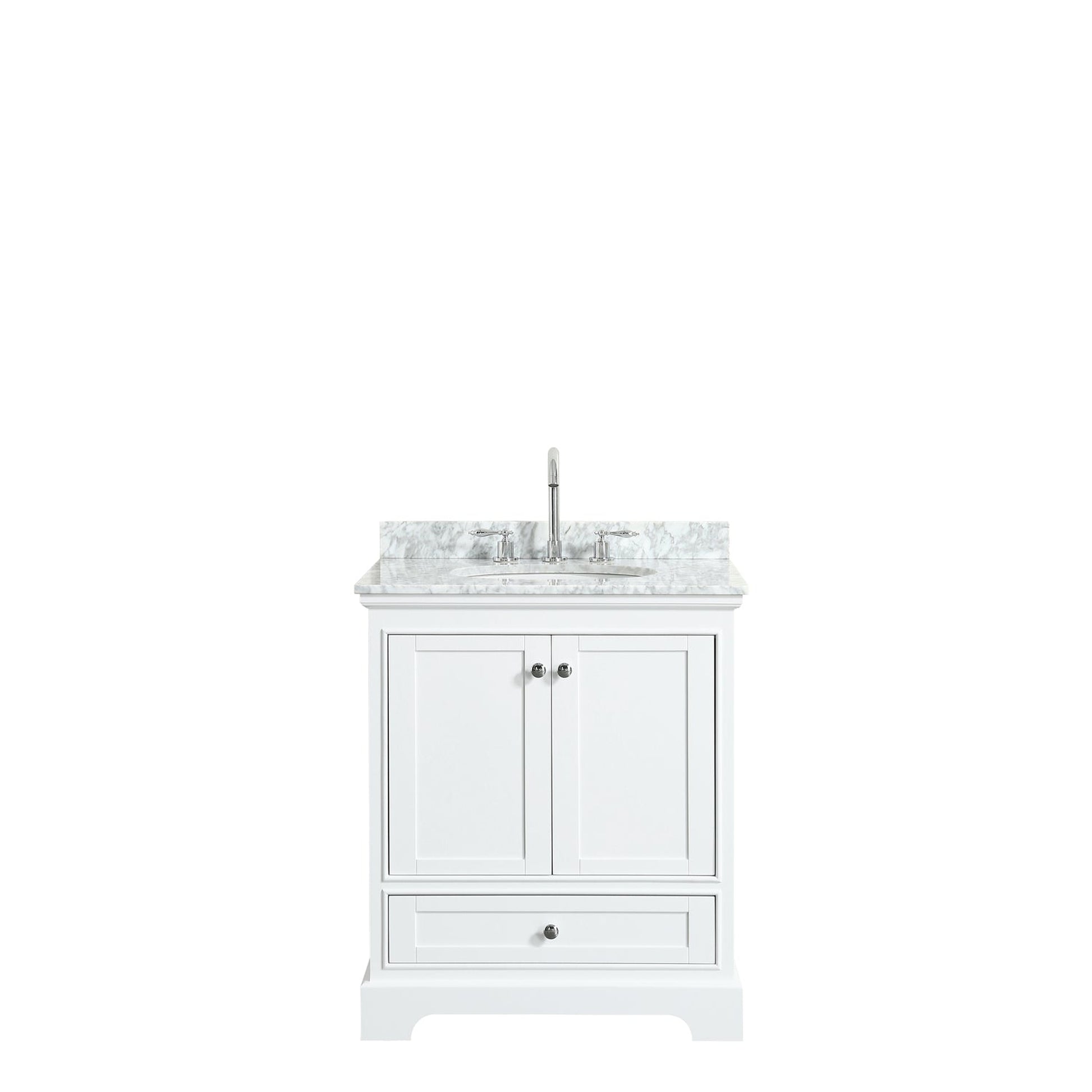Wyndham Collection Deborah 30" Single Bathroom Vanity in White, White Carrara Marble Countertop, Undermount Oval Sink, and No Mirror