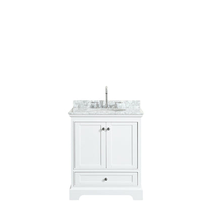 Wyndham Collection Deborah 30" Single Bathroom Vanity in White, White Carrara Marble Countertop, Undermount Oval Sink, and No Mirror