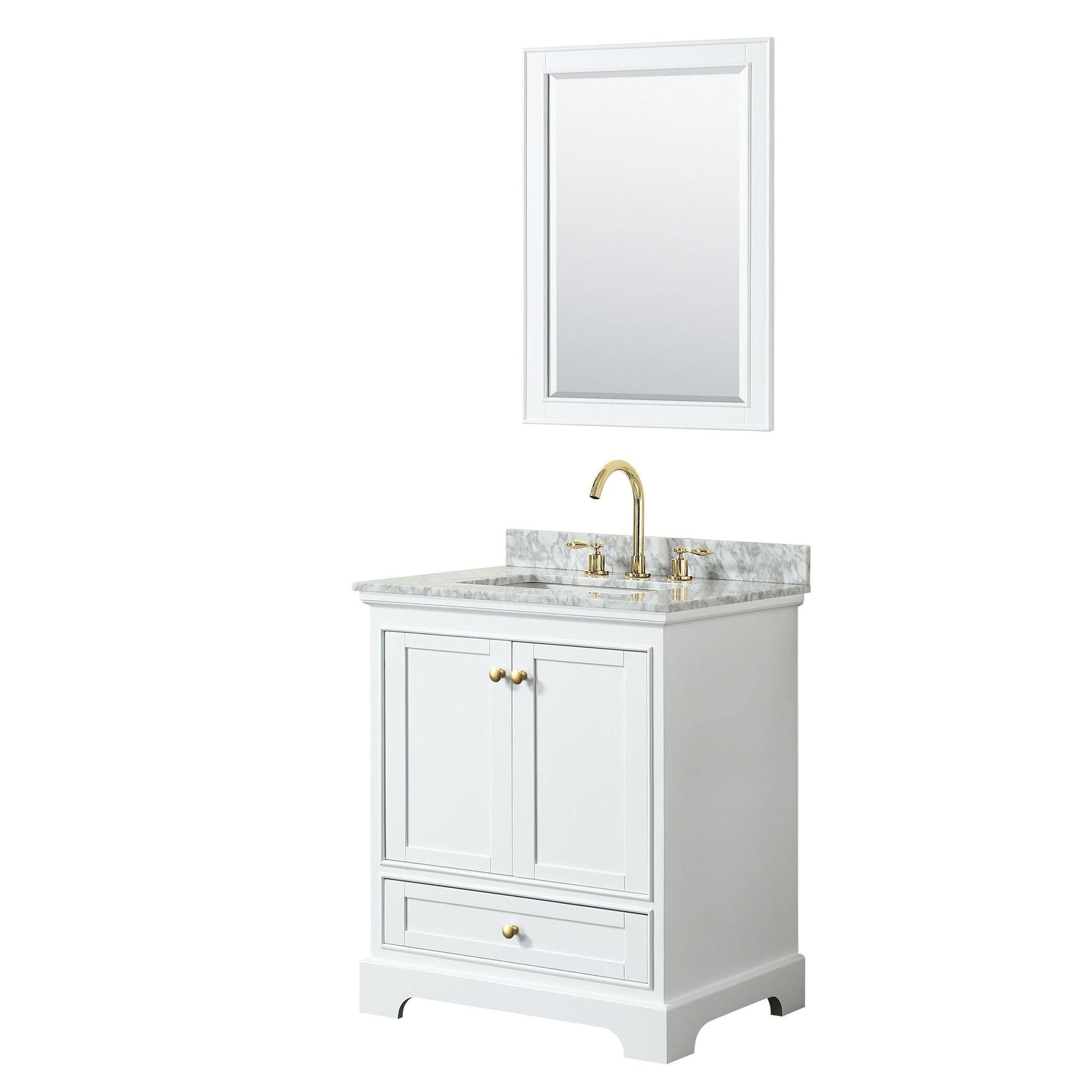 Wyndham Collection Deborah 30" Single Bathroom Vanity in White, White Carrara Marble Countertop, Undermount Square Sink, Brushed Gold Trim, 24" Mirror
