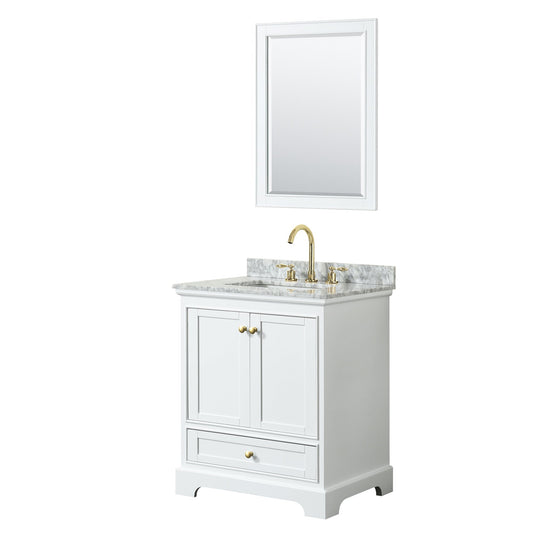 Wyndham Collection Deborah 30" Single Bathroom Vanity in White, White Carrara Marble Countertop, Undermount Square Sink, Brushed Gold Trim, 24" Mirror