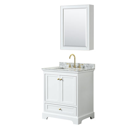 Wyndham Collection Deborah 30" Single Bathroom Vanity in White, White Carrara Marble Countertop, Undermount Square Sink, Brushed Gold Trim, Medicine Cabinet