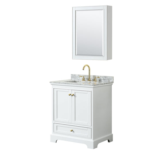 Wyndham Collection Deborah 30" Single Bathroom Vanity in White, White Carrara Marble Countertop, Undermount Square Sink, Brushed Gold Trim, Medicine Cabinet