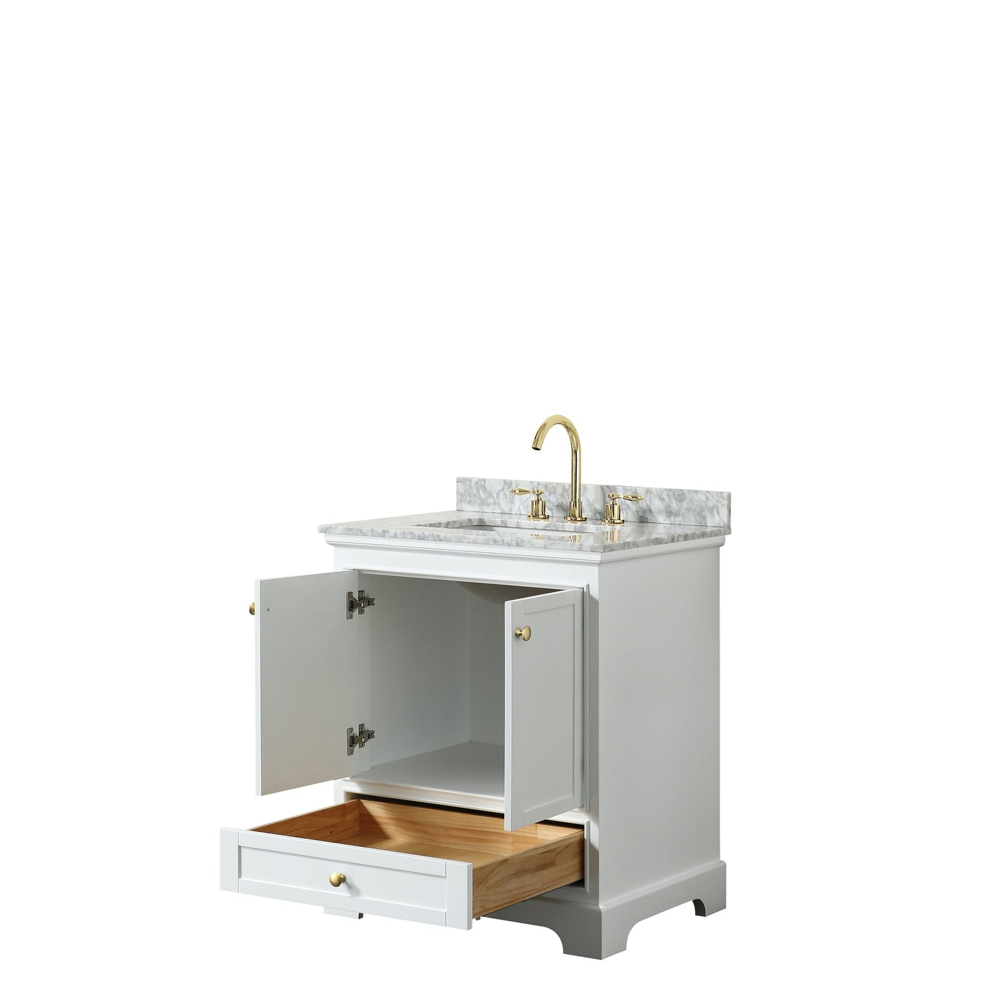 Wyndham Collection Deborah 30" Single Bathroom Vanity in White, White Carrara Marble Countertop, Undermount Square Sink, Brushed Gold Trim, No Mirror