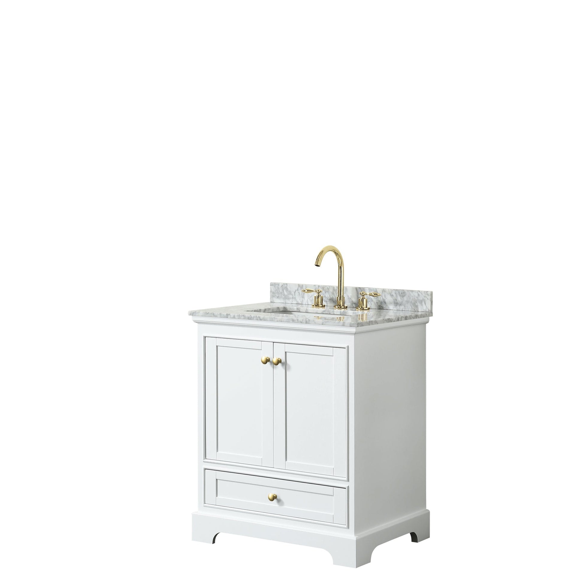 Wyndham Collection Deborah 30" Single Bathroom Vanity in White, White Carrara Marble Countertop, Undermount Square Sink, Brushed Gold Trim, No Mirror