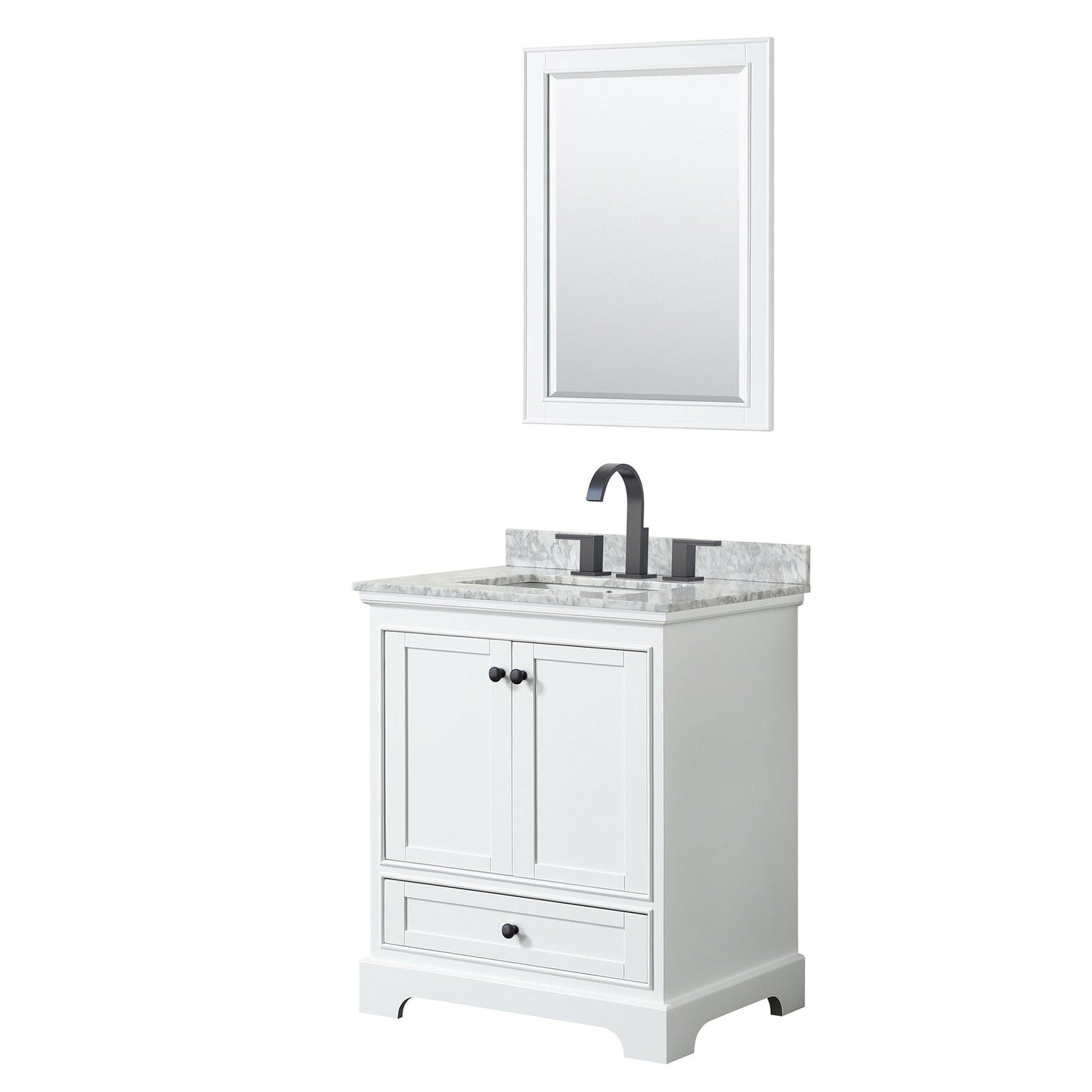 Wyndham Collection Deborah 30" Single Bathroom Vanity in White, White Carrara Marble Countertop, Undermount Square Sink, Matte Black Trim, 24" Mirror