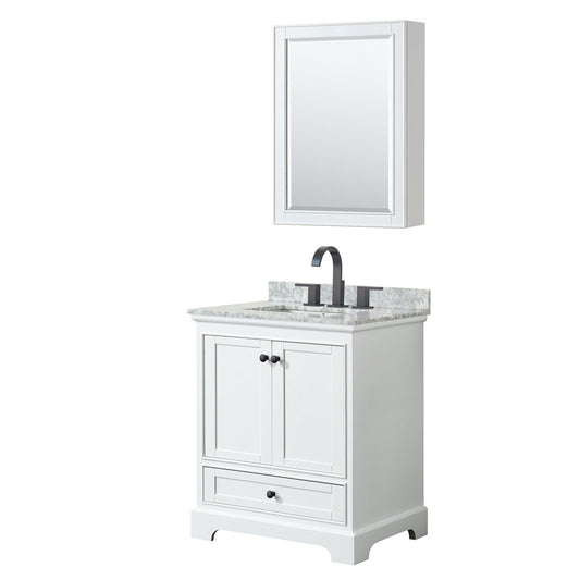 Wyndham Collection Deborah 30" Single Bathroom Vanity in White, White Carrara Marble Countertop, Undermount Square Sink, Matte Black Trim, Medicine Cabinet