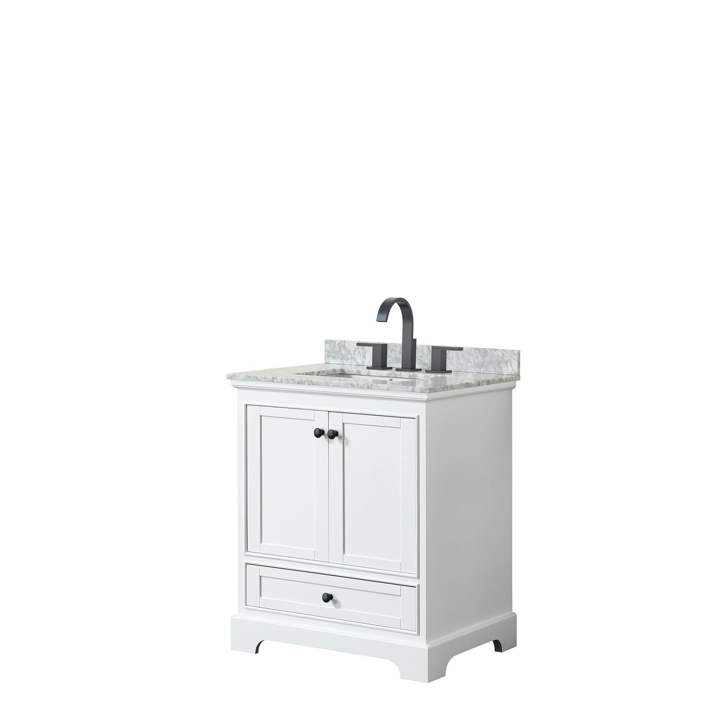 Wyndham Collection Deborah 30" Single Bathroom Vanity in White, White Carrara Marble Countertop, Undermount Square Sink, Matte Black Trim