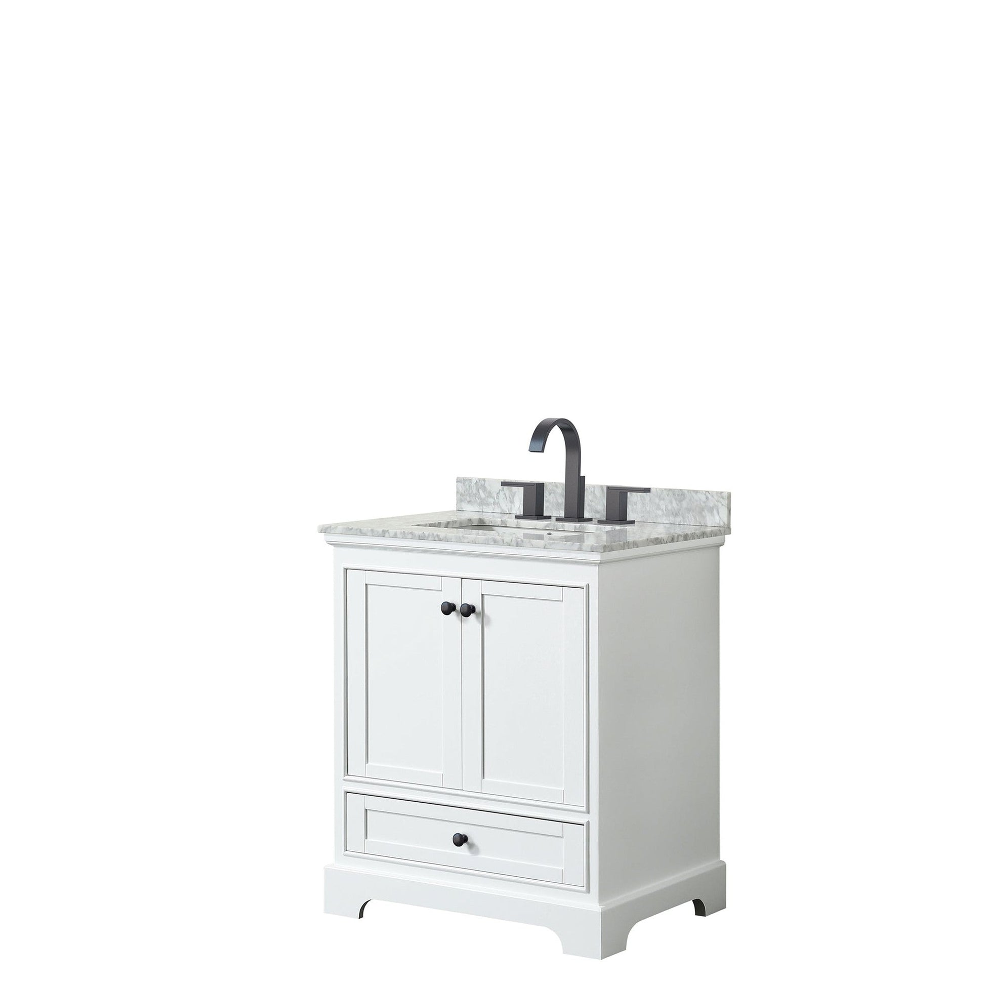 Wyndham Collection Deborah 30" Single Bathroom Vanity in White, White Carrara Marble Countertop, Undermount Square Sink, Matte Black Trim