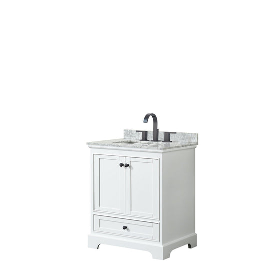 Wyndham Collection Deborah 30" Single Bathroom Vanity in White, White Carrara Marble Countertop, Undermount Square Sink, Matte Black Trim