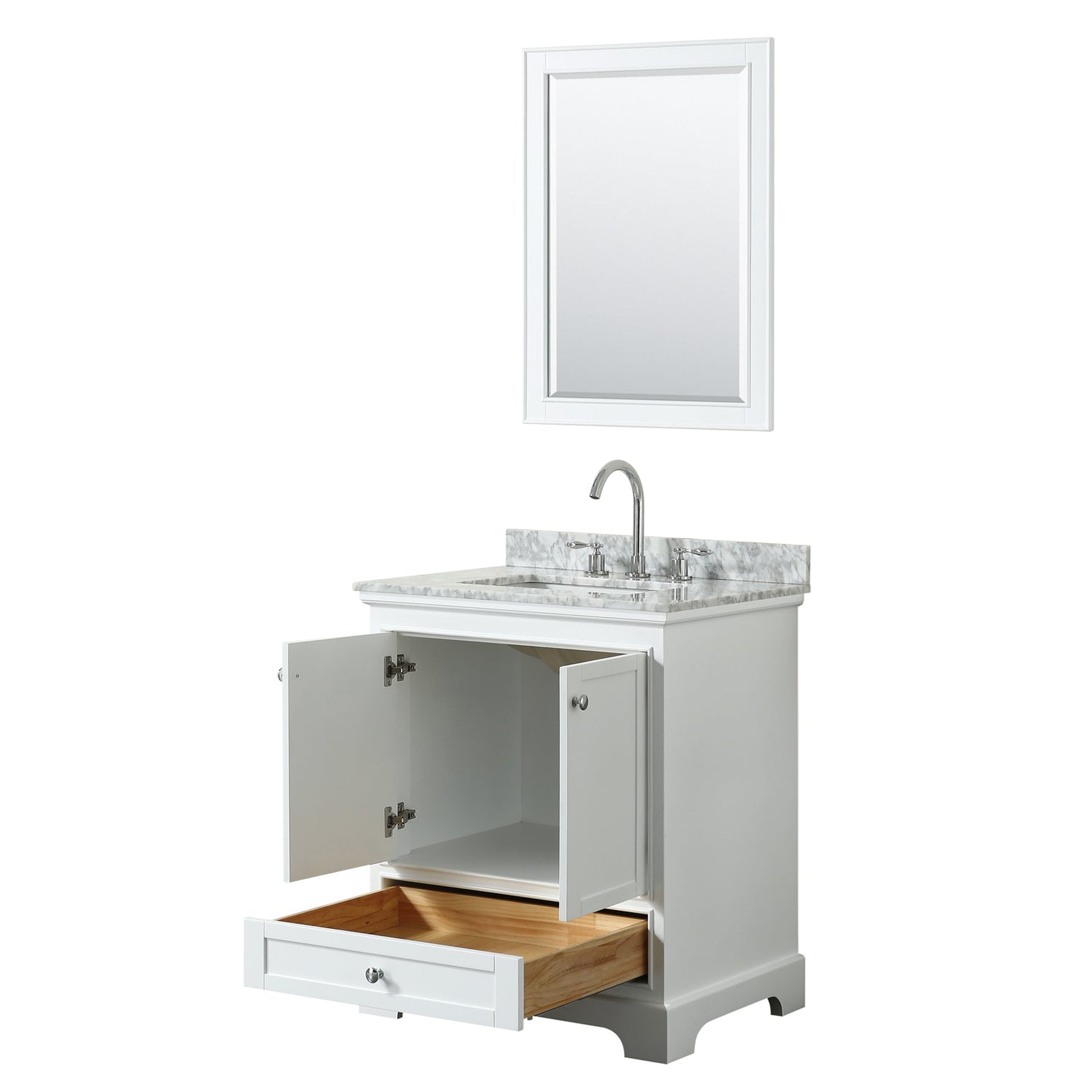 Wyndham Collection Deborah 30" Single Bathroom Vanity in White, White Carrara Marble Countertop, Undermount Square Sink, and 24" Mirror