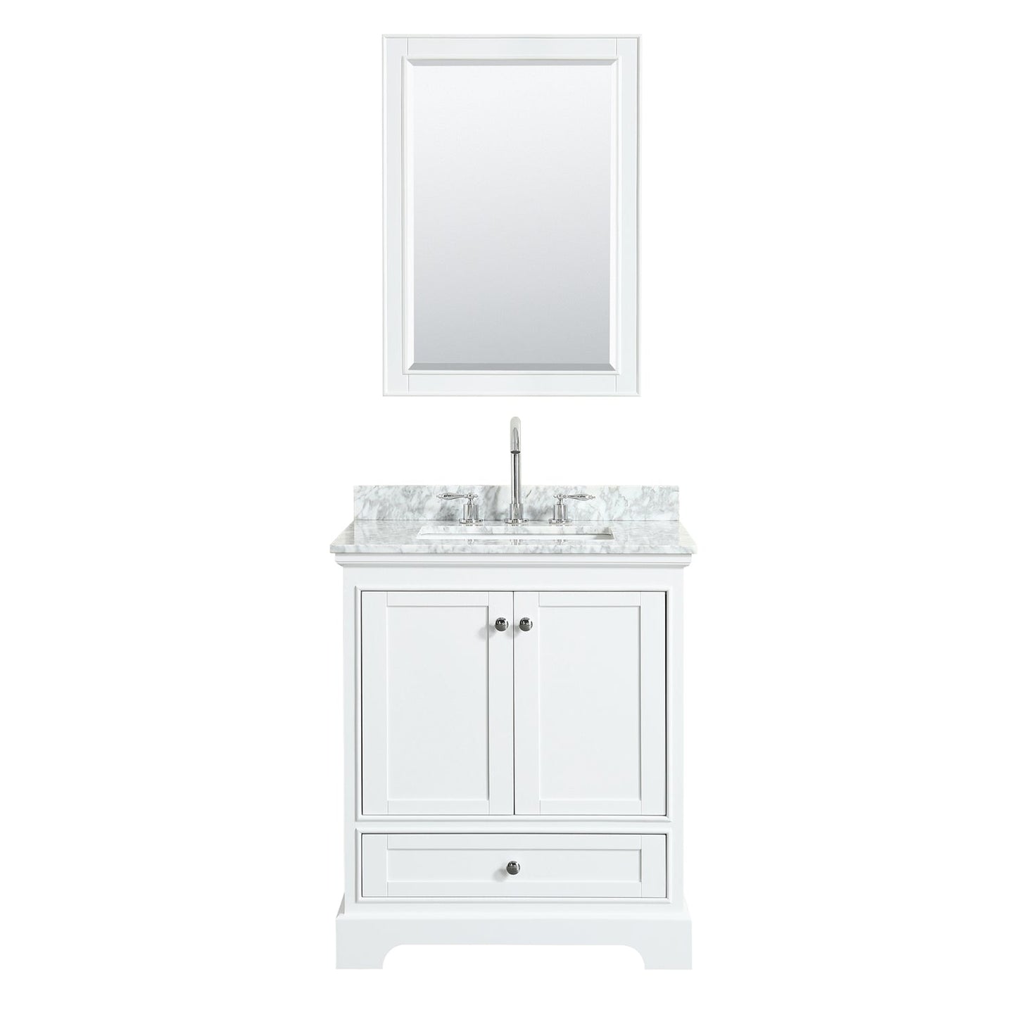 Wyndham Collection Deborah 30" Single Bathroom Vanity in White, White Carrara Marble Countertop, Undermount Square Sink, and 24" Mirror
